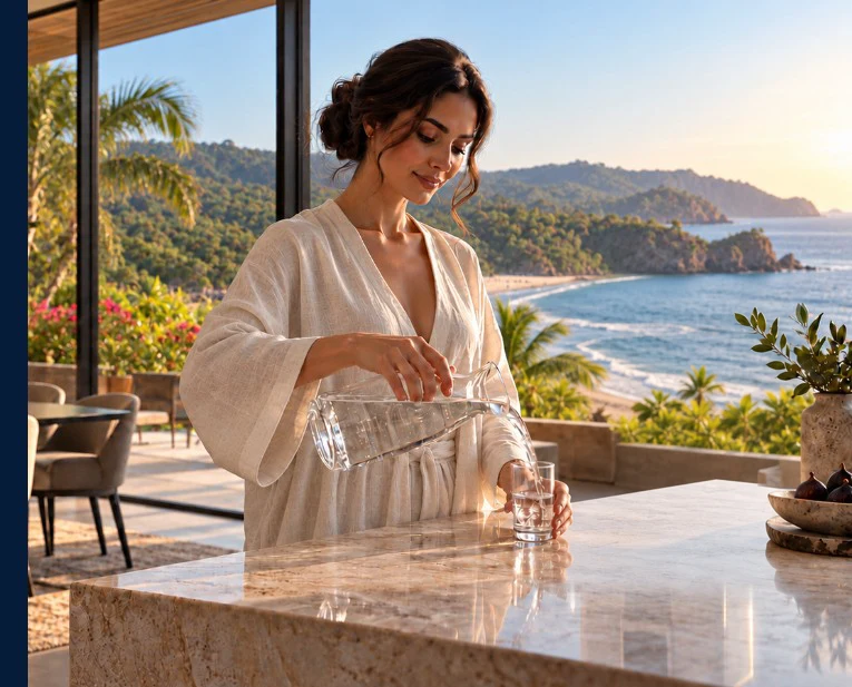 Woman pouring a glass of water in a coastal home