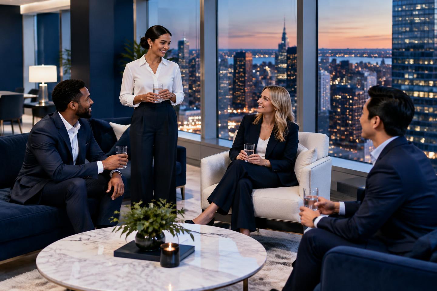 Colleagues sharing water in a city lounge
